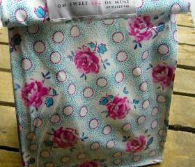 Oilcloth Lunch Bag - Flowers on blue with Pink Spots